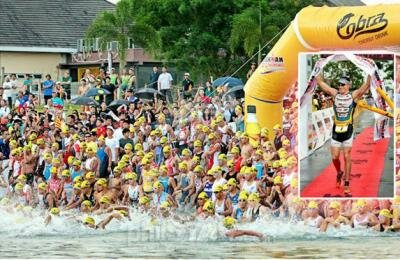 Over a thousand triathletes took part in the Cobra Ironman 70.3 Philippines at the CamSur Watersports Complex in Pili, Camarines Sur yesterday. Inset shows Australian Pete Jacobs successfully defending his crown with a time of 3:51:43. (From philstar.com)