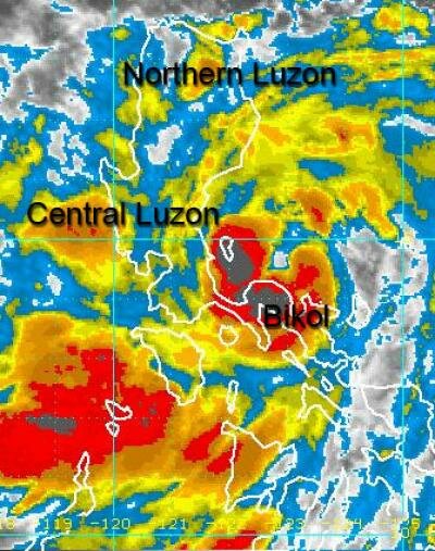 At 9:00 P.M. last night, Juaning was located 55 kilometes North of Daet, Camarines Norte or 80 kilometers North Northwest of Siruma, Camarines Sur at coordinates 14.6º North Latitude 122.9º East Longitude (From typhoon2000.com)