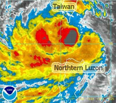 At 12 noon today, the eye of Mina was located 56 kilometers West of Itbayat, Batanes or 140 kilometers South of Orchids Island, Taiwan at coordinates 20.8º North Latitude 121.3º East Longitude. (From typhoon2000.com)