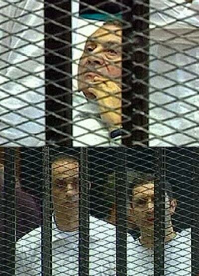 Former Egypt ruler Hosni Mubarak lying in a hospital bed inside a cage (top) and sons Gamal and Alaa (bottom) on trial in Egypt.